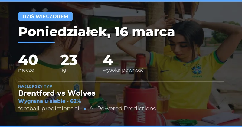 Prognozy piłkarskie Dziś wieczorem 16 marca 2026: najlepsze typy