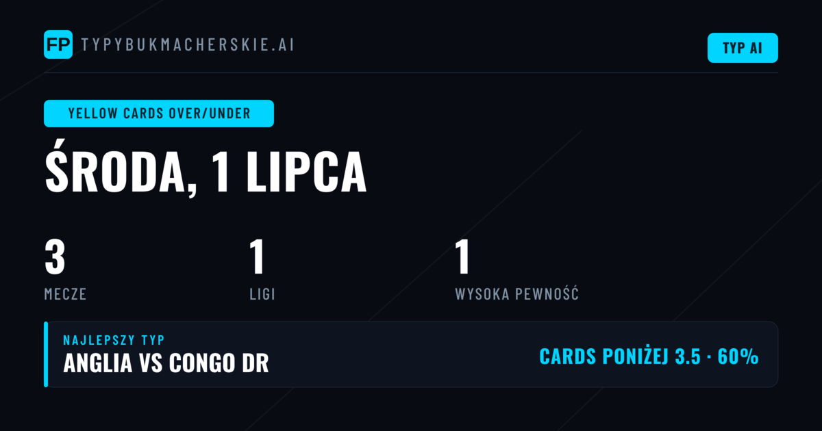Najlepsze typy na żółte kartki O/U — 1 lipca 2026