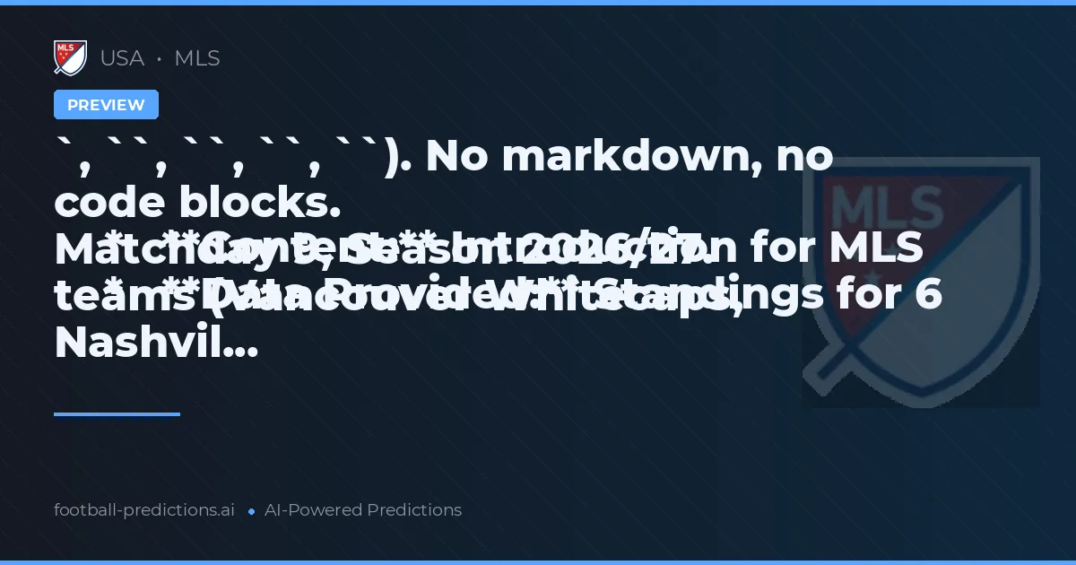 `, ``, ``, ``, ``). No markdown, no code blocks.
    *   **Content:** Introduction for MLS Matchday 9, Season 2026/27.
    *   **Data Provided:** Standings for 6 teams (Vancouver Whitecaps, Nashvil...