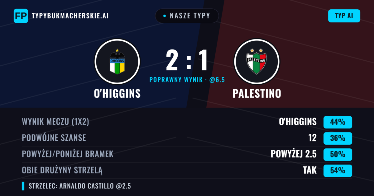Nasze typy: O'Higgins vs Palestino — O'Higgins — Wygrana (46%); Powyżej 2.5; Obie drużyny strzelą: Tak