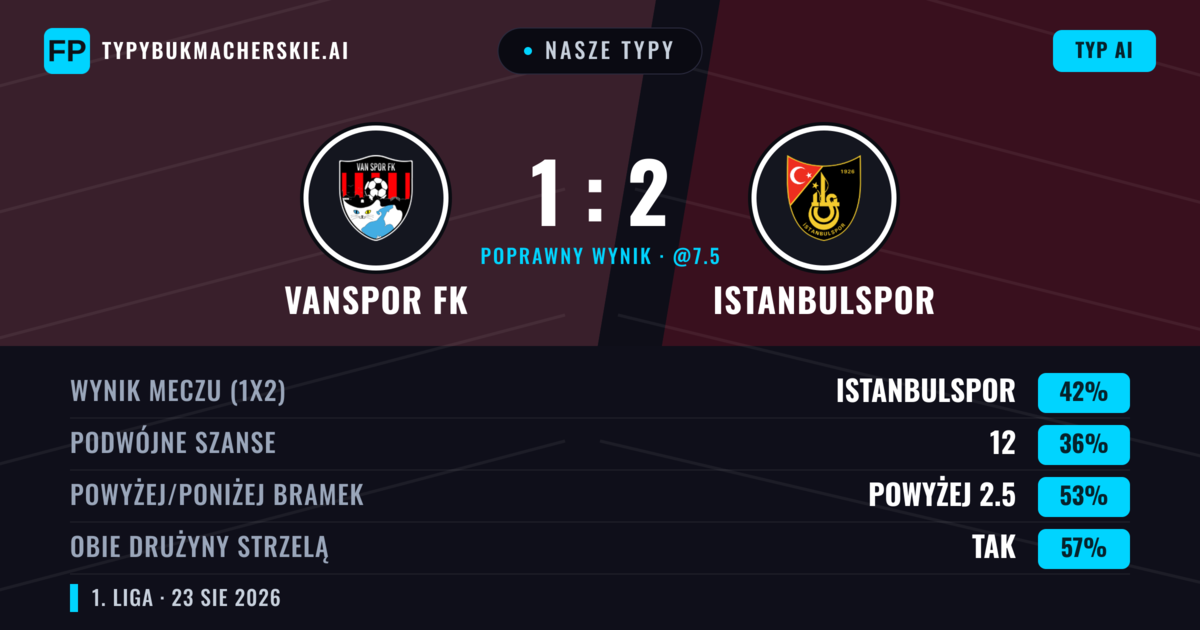 Nasze typy: Vanspor FK vs Istanbulspor — Istanbulspor — Wygrana (47%); Powyżej 2.5; Obie drużyny strzelą: Tak