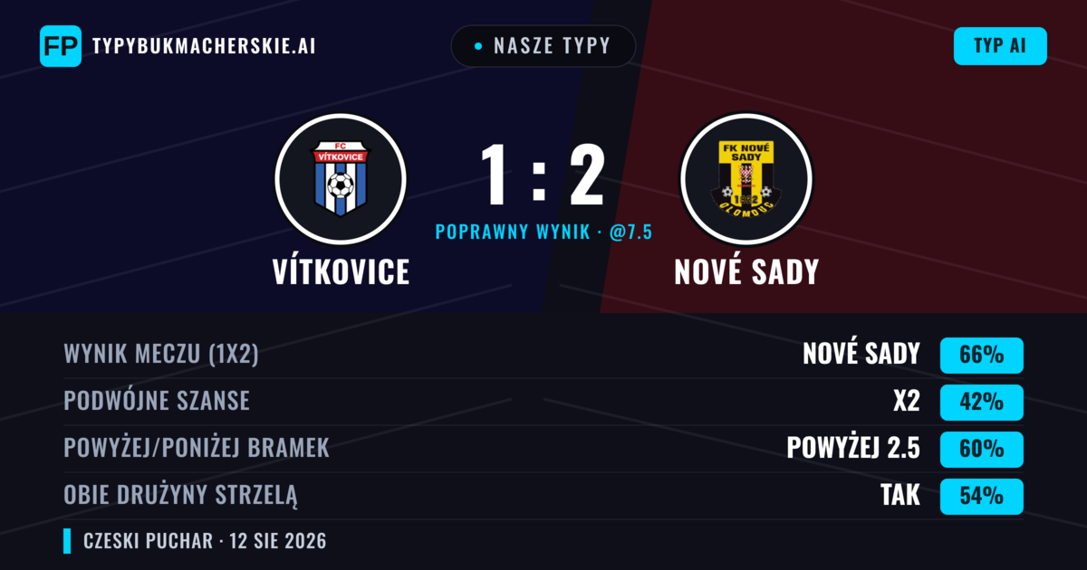 Nasze typy: Nové Sady vs Vítkovice — Vítkovice — Wygrana (65%); Powyżej 2.5; Obie drużyny strzelą: Tak